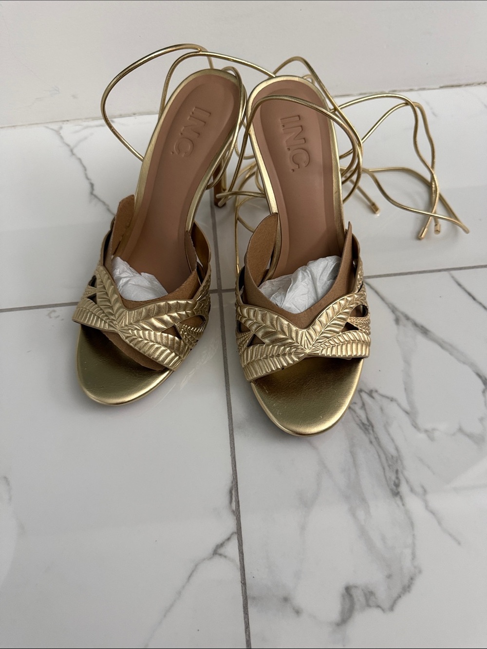 INC International Concepts Gold Braided Lace-Up Heels
